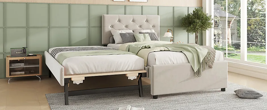 Simple Life Lit rembourré 90x200cm en velours beige avec sommier, tiroir de rangement, design minimaliste