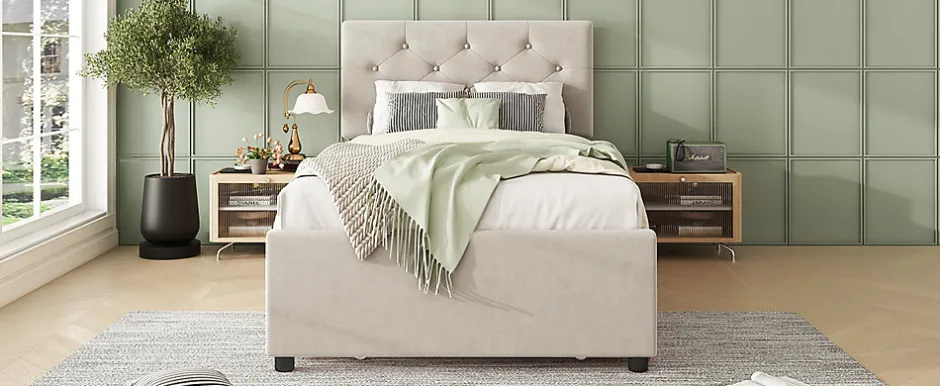 Simple Life Lit rembourré 90x200cm en velours beige avec sommier, tiroir de rangement, design minimaliste