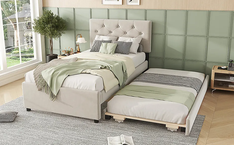 Simple Life Lit rembourré 90x200cm en velours beige avec sommier, tiroir de rangement, design minimaliste