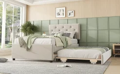 Simple Life Lit rembourré 90x200cm en velours beige avec sommier, tiroir de rangement, design minimaliste