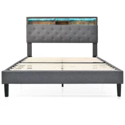 Gutent Lit rembourré 140x200cm espace de rangement tête de lit eclairage led lit cadre à lattes en bois lit double lin gris Online