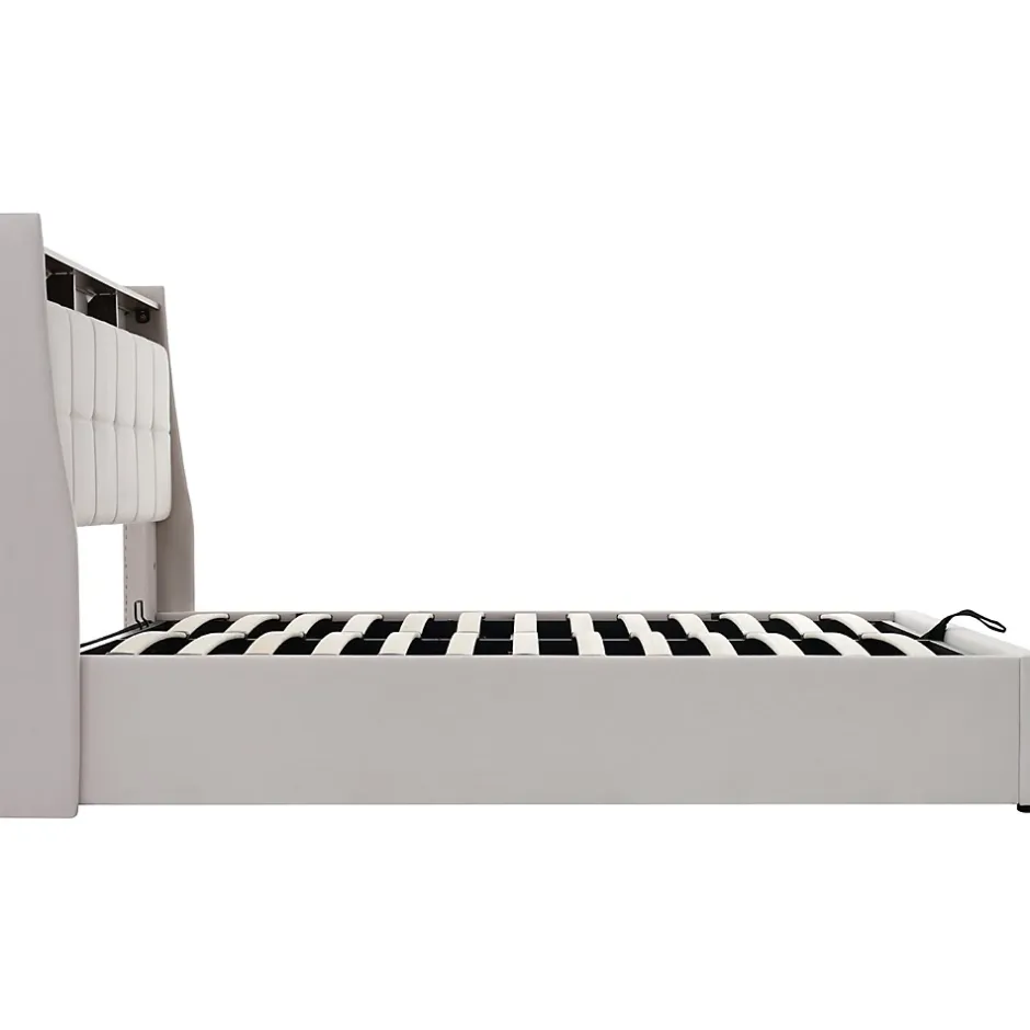 Gutent Lit rembourré 140x200cm, led lit double avec sommier à lattes métalliques, lit jeune, lin, beige (sans matelas) New