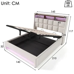 Gutent Lit rembourré 140x200cm, led lit double avec sommier à lattes métalliques, lit jeune, lin, beige (sans matelas) New