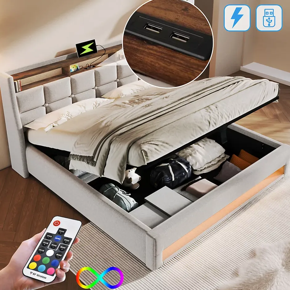 Gutent Lit rembourré 140x200cm, led lit double avec sommier à lattes métalliques, lit jeune, lin, beige (sans matelas) New