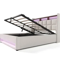 Gutent Lit rembourré 140x200cm, led lit double avec sommier à lattes métalliques, lit jeune, lin, beige (sans matelas) New