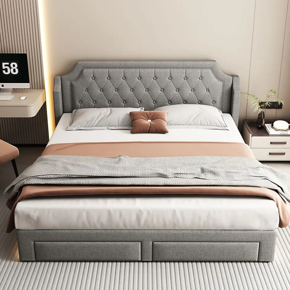 Blackcolors Lit Rembourré 180X200Cm Led Tiroirs Lin Gris