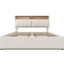 Gutent Lit rembourré 160x200cm, lit avec rangement, lit double avec fonction de recharge USB-C, tête de lit et sommier à lattes,lin,beige New