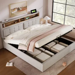 Gutent Lit rembourré 160x200cm, lit avec rangement, lit double avec fonction de recharge USB-C, tête de lit et sommier à lattes,lin,beige New