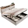 Gutent Lit rembourré 140x200cm, lit avec rangement, lit double avec fonction de recharge USB-C, tête de lit et sommier à lattes,lin,beige New
