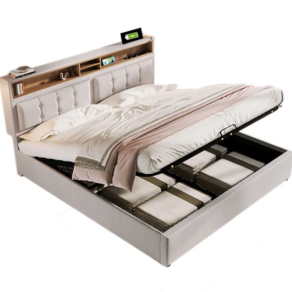 Gutent Lit rembourré 140x200cm, lit avec rangement, lit double avec fonction de recharge USB-C, tête de lit et sommier à lattes,lin,beige New