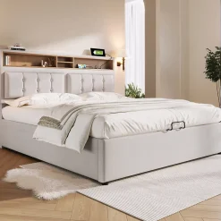 Gutent Lit rembourré 140x200cm, lit avec rangement, lit double avec fonction de recharge USB-C, tête de lit et sommier à lattes,lin,beige New