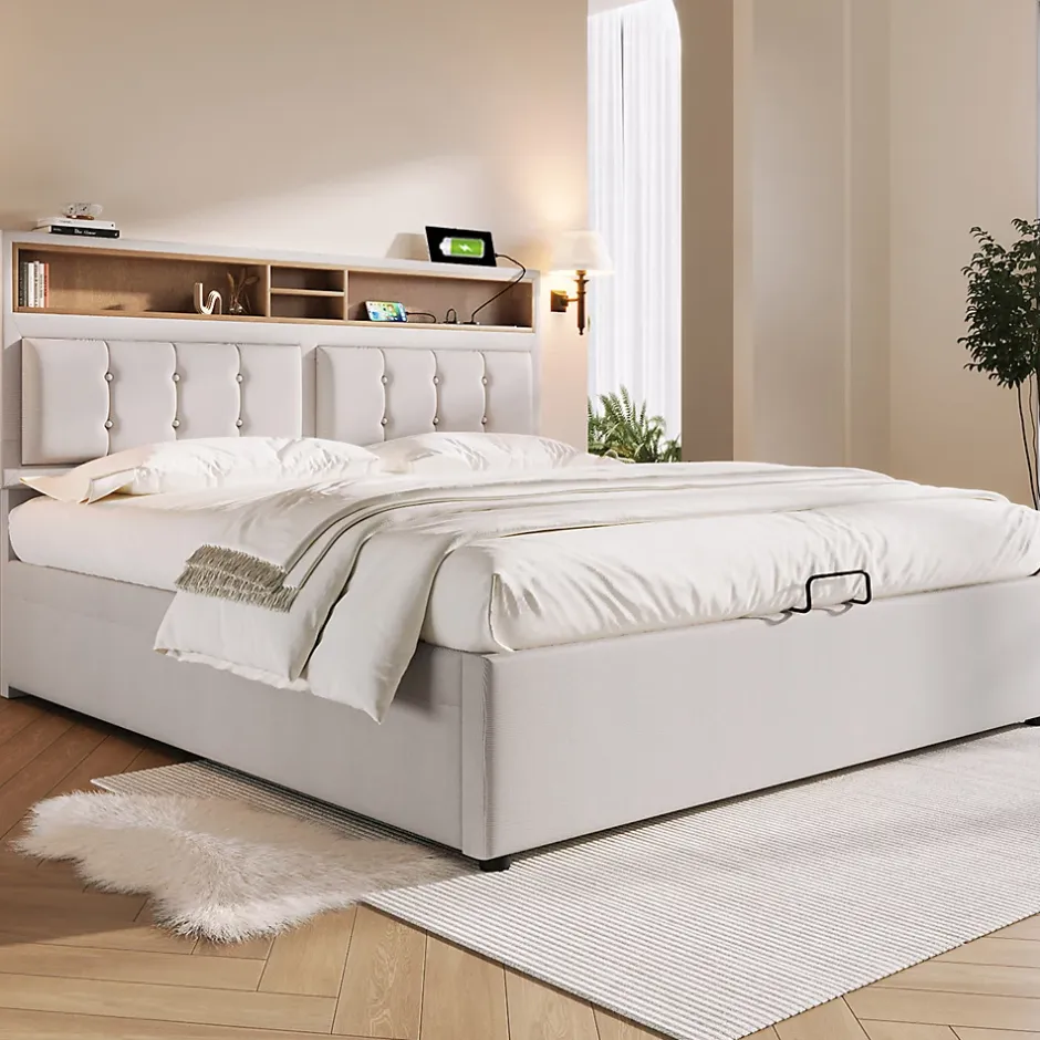 Gutent Lit rembourré 140x200cm, lit avec rangement, lit double avec fonction de recharge USB-C, tête de lit et sommier à lattes,lin,beige New
