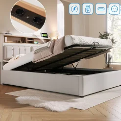 Gutent Lit rembourré 140x200cm, lit avec rangement, lit double avec fonction de recharge USB-C, tête de lit et sommier à lattes,lin,beige New