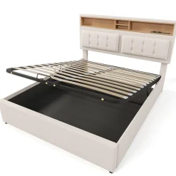 Gutent Lit rembourré 140x200cm, lit avec rangement, lit double avec fonction de recharge USB-C, tête de lit et sommier à lattes,lin,beige New