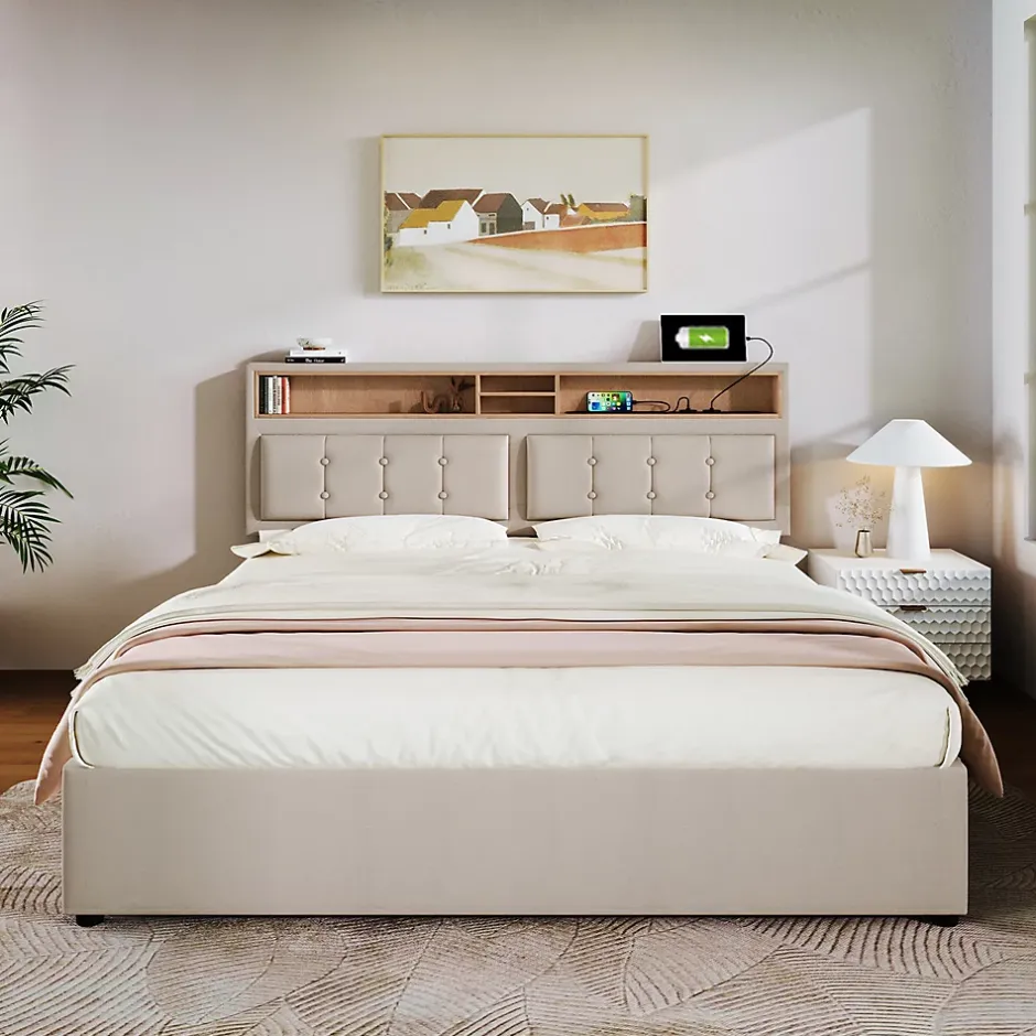 Gutent Lit rembourré 140x200cm, lit avec rangement, lit double avec fonction de recharge USB-C, tête de lit et sommier à lattes,lin,beige New