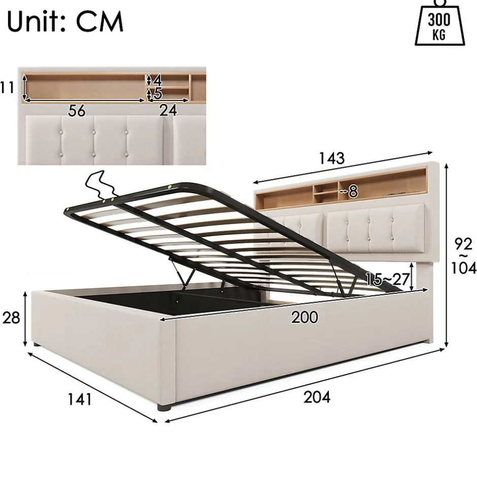 Gutent Lit rembourré 140x200cm, lit avec rangement, lit double avec fonction de recharge USB-C, tête de lit et sommier à lattes,lin,beige New