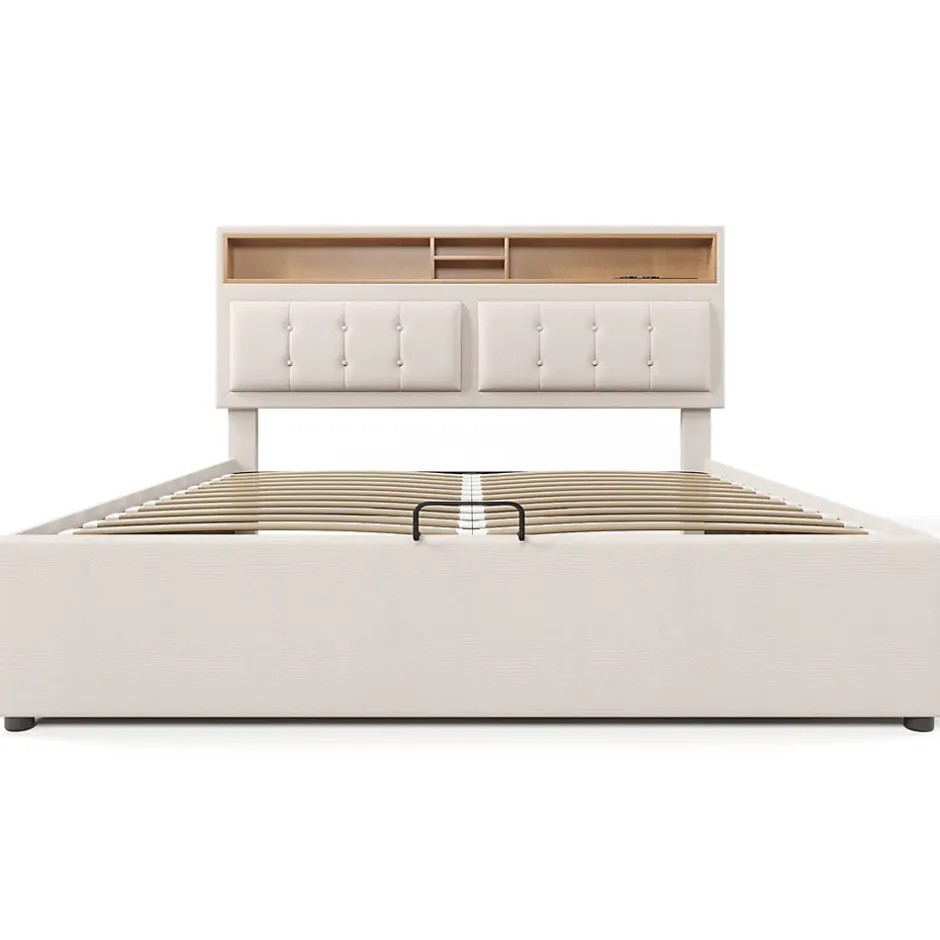 Gutent Lit rembourré 140x200cm, lit avec rangement, lit double avec fonction de recharge USB-C, tête de lit et sommier à lattes,lin,beige New