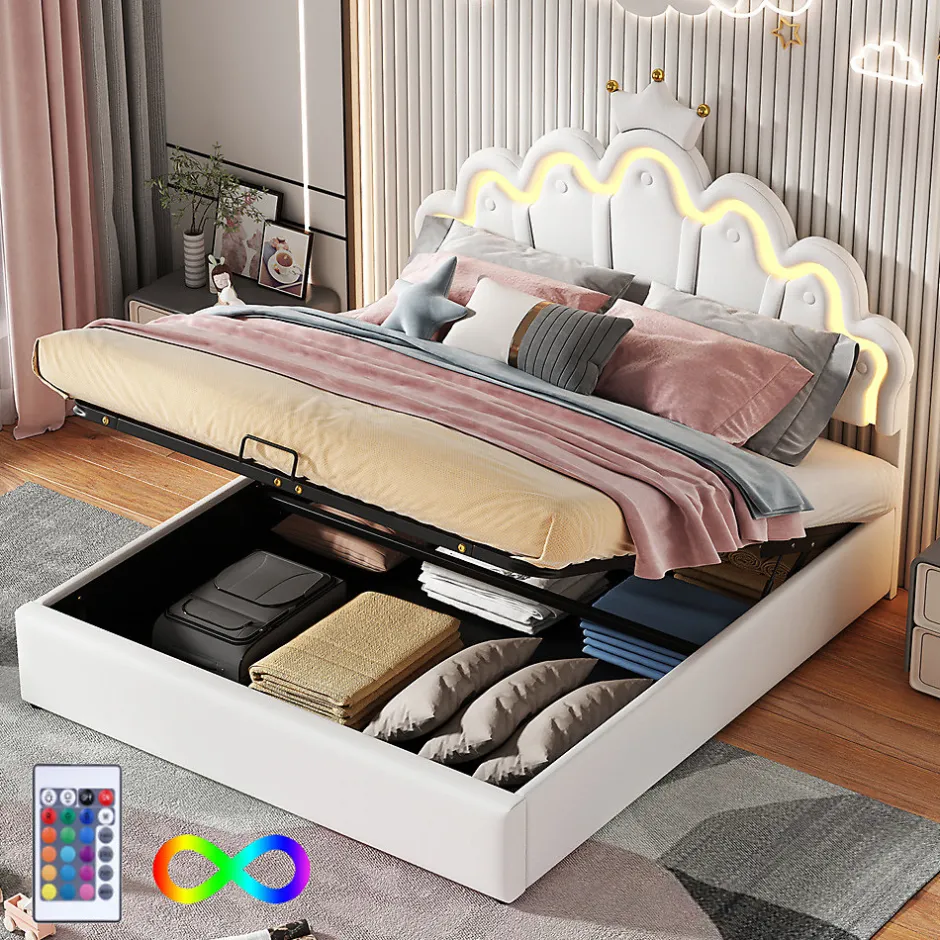 Gutent Lit rembourré 140x200cm lit de princesse éclairage d'ambiance réglable lit double pu blanc