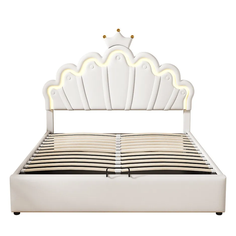 Gutent Lit rembourré 140x200cm lit de princesse éclairage d'ambiance réglable lit double pu blanc