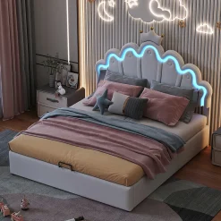Gutent Lit rembourré 140x200cm lit de princesse éclairage d'ambiance réglable lit double pu blanc