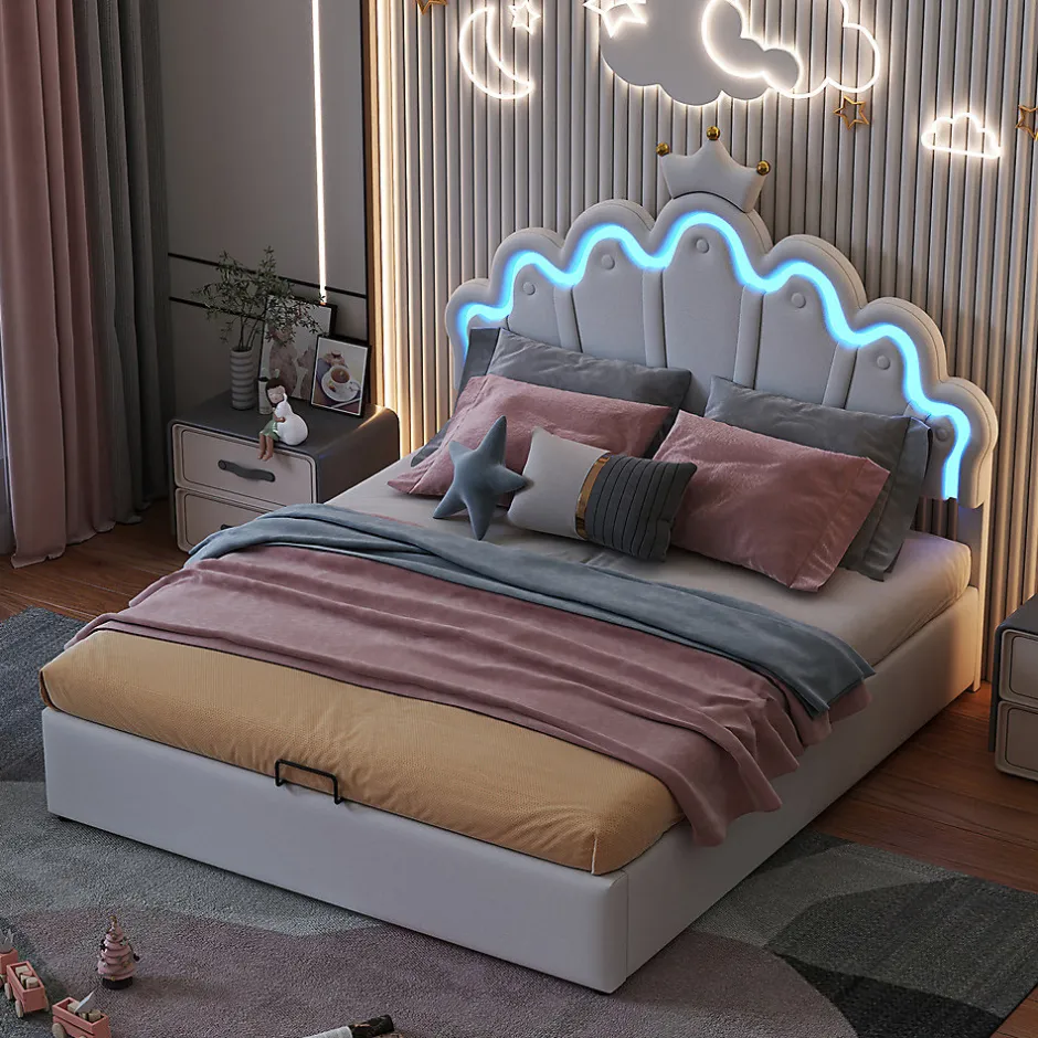 Gutent Lit rembourré 140x200cm lit de princesse éclairage d'ambiance réglable lit double pu blanc