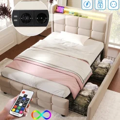 Gutent Lit rembourré 90x200cm lit de rangement lit 2 tiroirs lit éclairage led lit sommier à lattes en bois Single lin beige