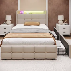 Gutent Lit rembourré 90x200cm lit de rangement lit 2 tiroirs lit éclairage led lit sommier à lattes en bois Single lin beige