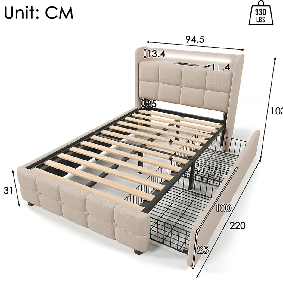 Gutent Lit rembourré 90x200cm lit de rangement lit 2 tiroirs lit éclairage led lit sommier à lattes en bois Single lin beige