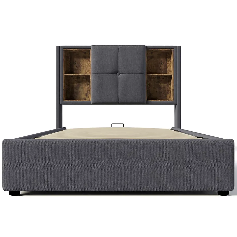 Gutent Lit rembourré 90x200cm lit de rangement lit sommier à lattes en bois avec chargement sans fil usb c Single coton gris Best