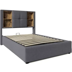 Gutent Lit rembourré 90x200cm lit de rangement lit sommier à lattes en bois avec chargement sans fil usb c Single coton gris Best