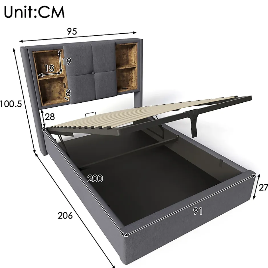 Gutent Lit rembourré 90x200cm lit de rangement lit sommier à lattes en bois avec chargement sans fil usb c Single coton gris Best