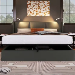 Gutent lit rembourré 160x200cm lit de rangement lit lampe de lecture lit tête de lit avec fonction de chargement usb lit double pu gris Outlet