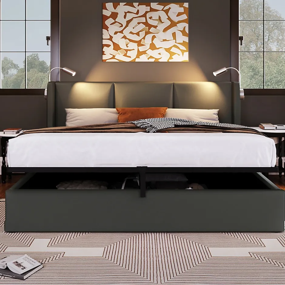 Gutent lit rembourré 160x200cm lit de rangement lit lampe de lecture lit tête de lit avec fonction de chargement usb lit double pu gris Outlet