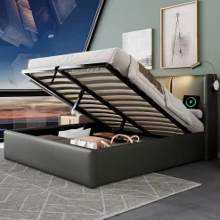 Gutent lit rembourré 160x200cm lit de rangement lit lampe de lecture lit tête de lit avec fonction de chargement usb lit double pu gris Outlet