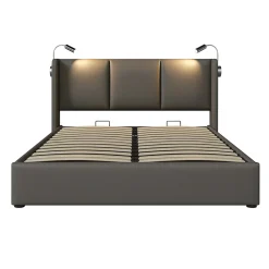 Gutent lit rembourré 160x200cm lit de rangement lit lampe de lecture lit tête de lit avec fonction de chargement usb lit double pu gris Outlet
