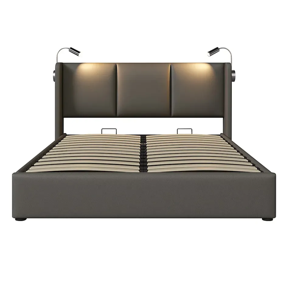 Gutent lit rembourré 160x200cm lit de rangement lit lampe de lecture lit tête de lit avec fonction de chargement usb lit double pu gris Outlet