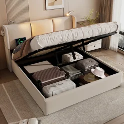Gutent Lit rembourré 160x200cm lit de rangement lit lampe de lecture lit tête de lit avec fonction de chargement usb lit double lin beige