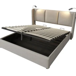 Gutent Lit rembourré 160x200cm lit de rangement lit lampe de lecture lit tête de lit avec fonction de chargement usb lit double lin beige