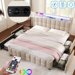 Gutent Lit rembourré 140x200cm lit de rangement lit 4 tiroirs lit éclairage led lit sommier à lattes en bois lit double lin beige