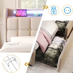 Gutent Lit rembourré 140x200cm lit de rangement lit 4 tiroirs lit éclairage led lit sommier à lattes en bois lit double lin beige
