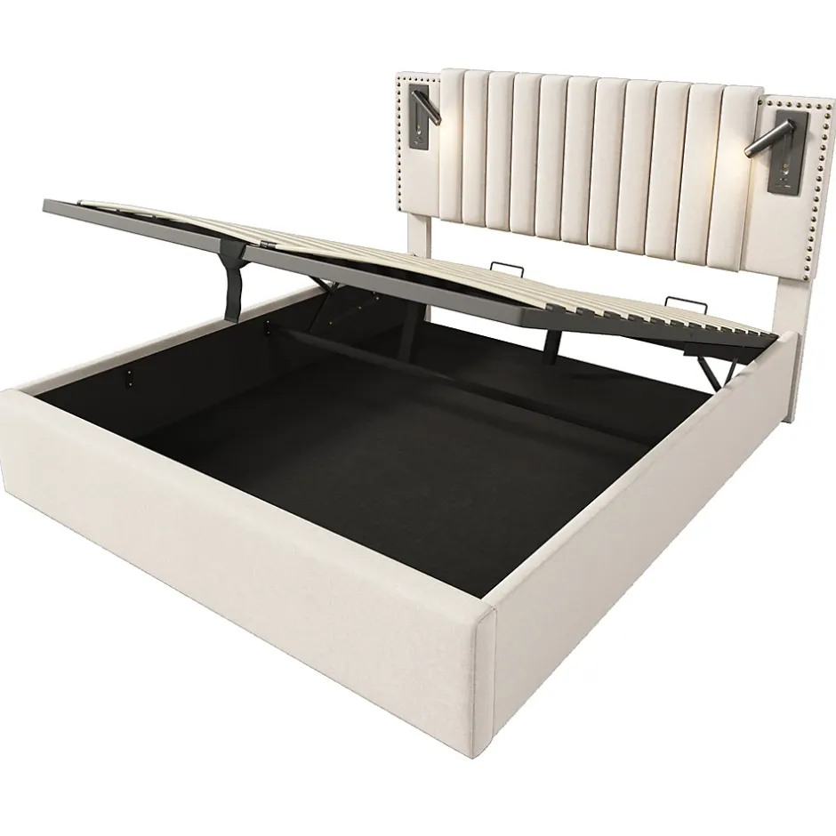 Gutent Lit rembourré 160x200cm, lit de rangement avec sommier à lattes, lumière de lecture et fonction de chargement usb, coton, beige Hot