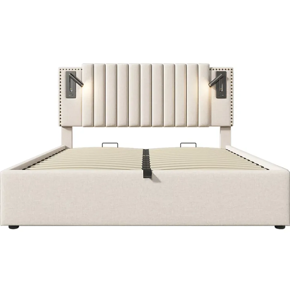 Gutent Lit rembourré 160x200cm, lit de rangement avec sommier à lattes, lumière de lecture et fonction de chargement usb, coton, beige Hot
