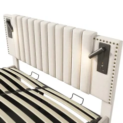 Gutent Lit rembourré 160x200cm, lit de rangement avec sommier à lattes, lumière de lecture et fonction de chargement usb, coton, beige Hot