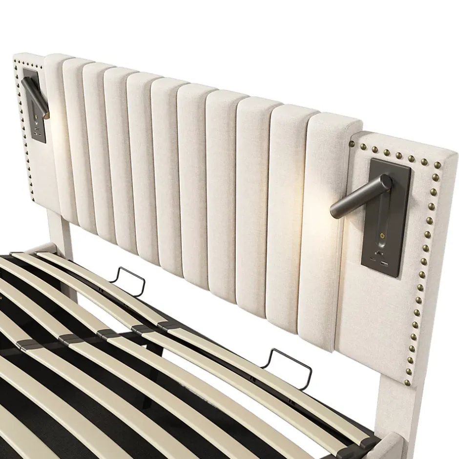 Gutent Lit rembourré 160x200cm, lit de rangement avec sommier à lattes, lumière de lecture et fonction de chargement usb, coton, beige Hot