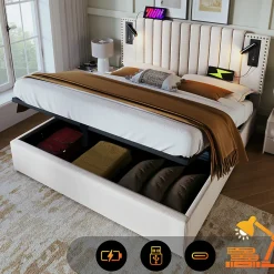 Gutent Lit rembourré 160x200cm, lit de rangement avec sommier à lattes, lumière de lecture et fonction de chargement usb, coton, beige Hot