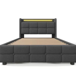 Gutent Lit rembourré 90x200cm lit de rangement lit 2 tiroirs lit éclairage led lit sommier à lattes en bois Single lin gris Online