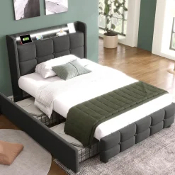 Gutent Lit rembourré 90x200cm lit de rangement lit 2 tiroirs lit éclairage led lit sommier à lattes en bois Single lin gris Online