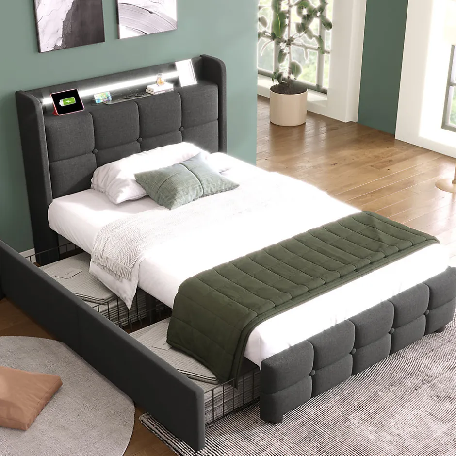 Gutent Lit rembourré 90x200cm lit de rangement lit 2 tiroirs lit éclairage led lit sommier à lattes en bois Single lin gris Online