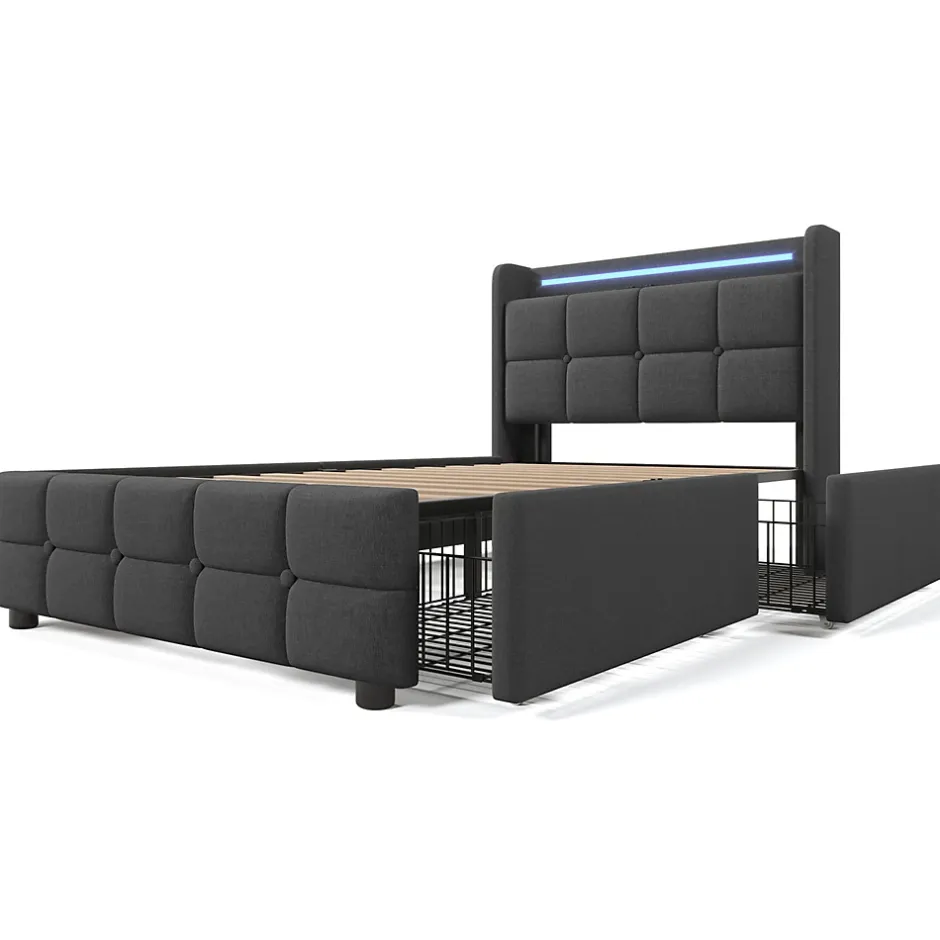 Gutent Lit rembourré 90x200cm lit de rangement lit 2 tiroirs lit éclairage led lit sommier à lattes en bois Single lin gris Online