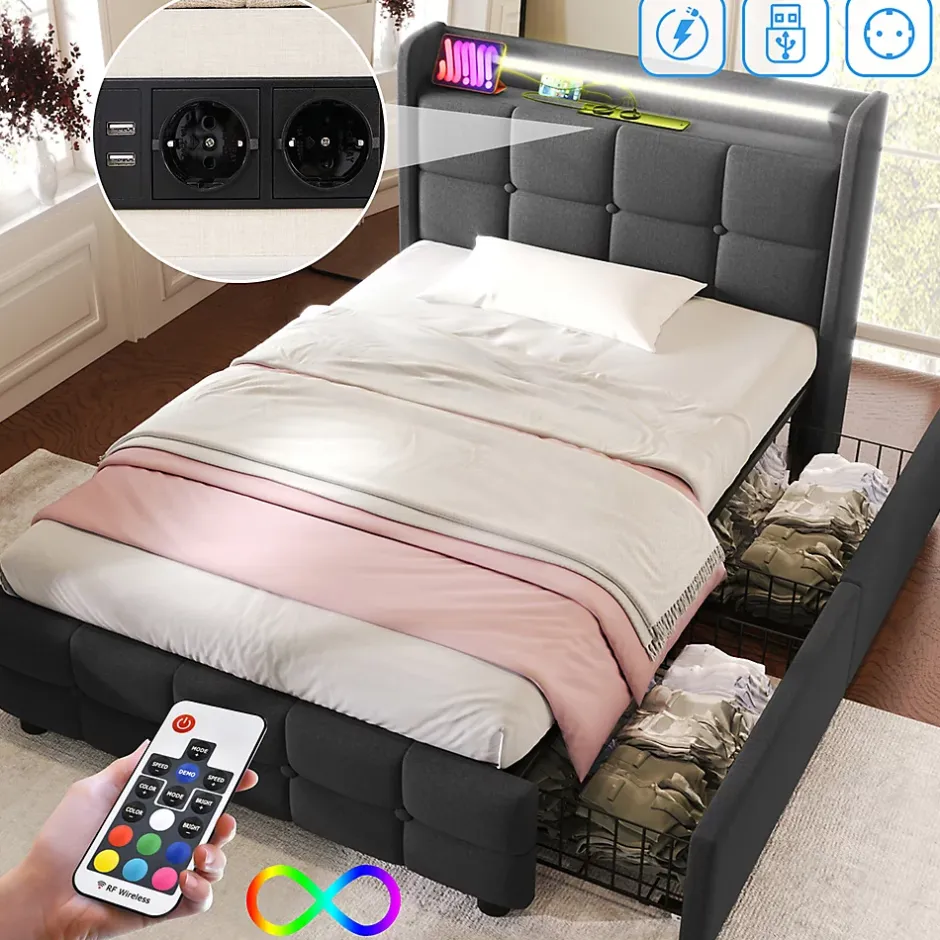 Gutent Lit rembourré 90x200cm lit de rangement lit 2 tiroirs lit éclairage led lit sommier à lattes en bois Single lin gris Online